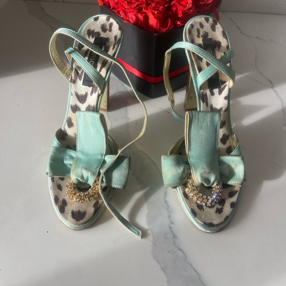 Roberto Cavalli Satin Bow Heels Crystal Logo Sandals Size 38 Italy Designer
